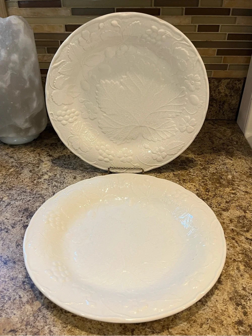 Burleigh Davenport dinner plates, White Embossed Leaf Pattern set of 2